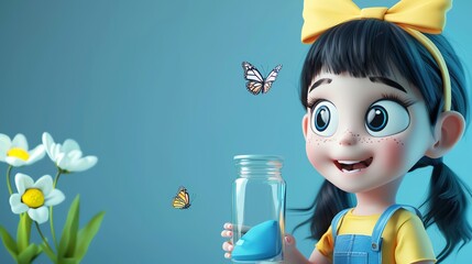 Poster - A cartoon girl with pigtails and a yellow bow is holding a glass jar with a blue object inside. There are butterflies flying around her.