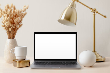 Sticker - Transparent laptop png, screen mockup, aesthetic workspace, luxurious brass decoration