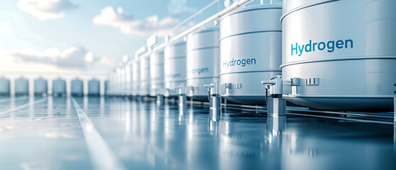 Hydrogen energy storage tanks in a row on an industrial facility, representing renewable energy and clean power technology for a sustainable future.