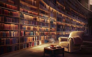 A peaceful background depicting a library filled with books