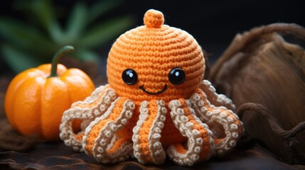 Sticker - Handcrafted Orange Crochet Octopus on Rustic Wooden Background 