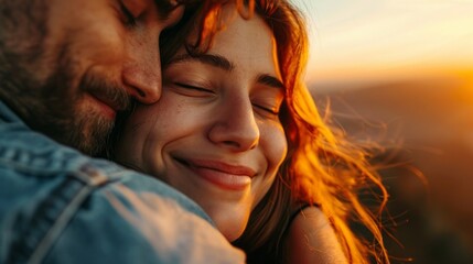 Wall Mural - A man and woman are hugging each other, with the woman smiling