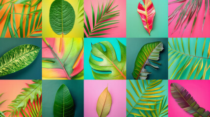 Canvas Print - Bright collage with exotic  tropical leaves. Floral decoration. Abstract nature background