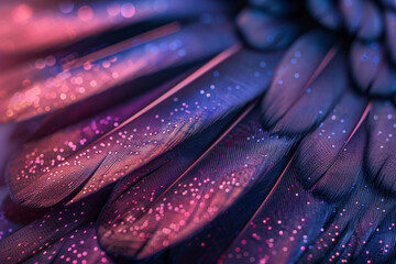 Wall Mural - 
Close up of beautiful purple and blue feather texture background, macro photography, copy space concept. Abstract wallpaper design for fashion print on demand products