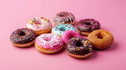 Wall Mural - An assortment of colorful and delicious donuts on a pink background.