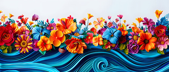 Wall Mural - A colorful floral border with a blue wave in the middle. Hispanic Heritage month pattern.