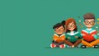© Galib - Cartoon illustration of three diverse kids reading books with copy space.