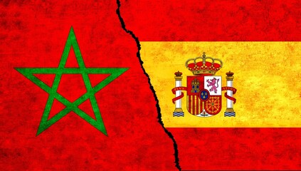 Wall Mural - Spain and Morocco flag together on wall. Morocco Spain relations, economy, relationship, trade concept. Spain vs Morocco