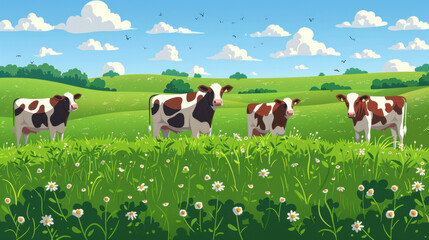 Wall Mural - Four cows graze in a lush green field filled with daisies and rolling hills under a blue sky.