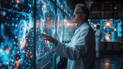 Wall Mural - A scientist in a lab coat interacts with a large data visualization, reviewing insights generated by artificial intelligence.