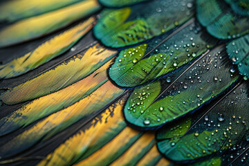 Wall Mural - a close up of the texture and pattern on an exotic bird feather, with green feathers on one side and