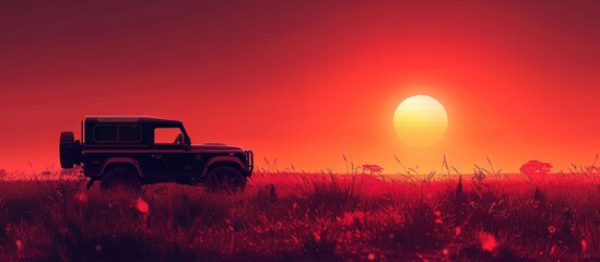 Wall Mural - Sunset Silhouette of a Jeep in a Grassy Field