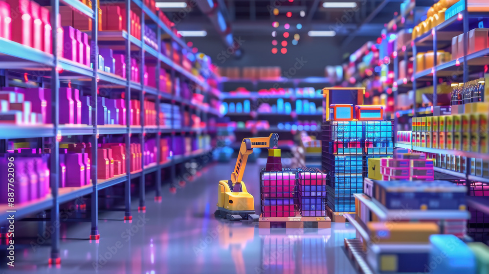 Robotic arm organizing colorful products in a modern warehouse with ...