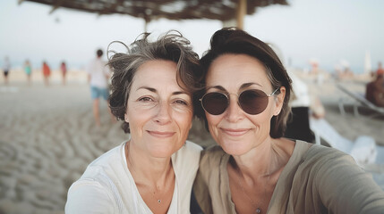 Wall Mural - Selfie of group of women friends in summer .