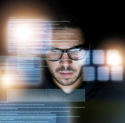 Man, technology and coding with overlay at night for career as data scientist for company, feature engineering and algorithm development. Employee, dark and online with pc for digital programming.