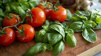 Wall Mural - Fresh basil and tomatoes on a wooden cutting board.