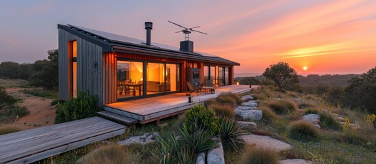 Poster - Modern Cabin with Deck at Sunset