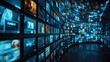 © Mechastock - Wall of television screens broadcasting 24/7 news and media. Concept of internet, AI, and nonstop data, entertainment, and advertising.