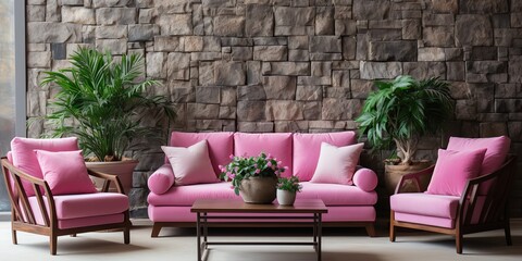 Wall Mural - Pink sofa couch at brick loft wall background decoration. Living room scene architecture