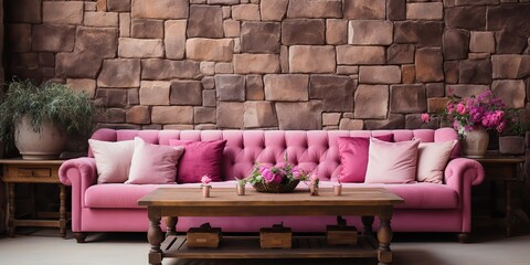 Wall Mural - Pink sofa couch at brick loft wall background decoration. Living room scene architecture