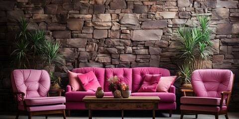 Wall Mural - Pink sofa couch at brick loft wall background decoration. Living room scene architecture