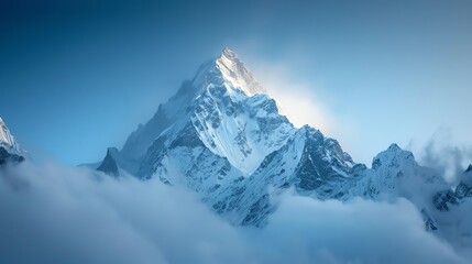 Poster - A majestic snow-capped mountain peak rises above the clouds with a bright glow emanating from its summit.