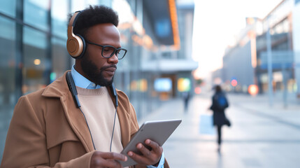 Wall Mural - Man wearing headphones and glasses using a tablet in an urban setting with modern buildings in the background.