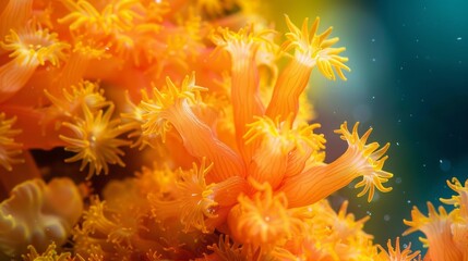 Wall Mural - A close up of a bright orange coral with many small orange tentacles