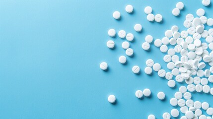 Sticker - Top view of pills on blue background pharmaceutical concept