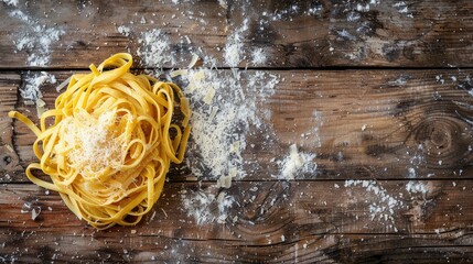 Canvas Print - Italian cuisine Parmesan coated pasta on wooden background with space for text seen from above