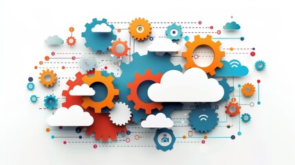 Wall Mural - A colorful image of gears and clouds with a white background