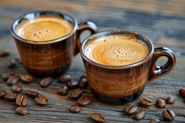 Wall Mural - Close-up of two espresso cups with coffee beans on a rustic wooden table.