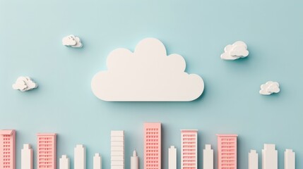 Wall Mural - A white cloud is floating above a cityscape with pink buildings