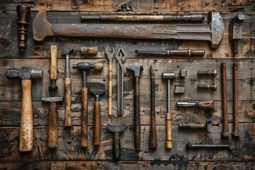 A collection of vintage hand tools neatly arranged on a rustic wooden surface.