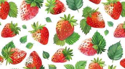 Wall Mural - a seamless pattern of strawberries and leaves on a white background.