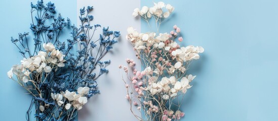 Poster - Flat lay showing white and blue dried flowers on a pastel background with copy space image available