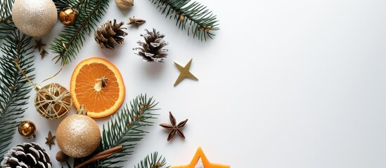 Poster - Top view image of Christmas flat lay decoration with pine star orange glitter ball and nuts on white background featuring copy space image