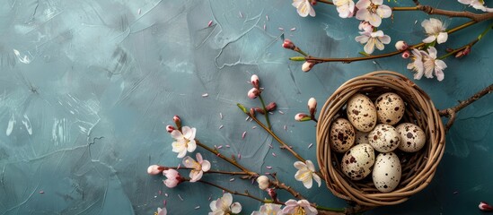 Aufkleber - Top view of quail eggs in natural hues and delicate blossoms in a basket on an Easter themed background with ample copy space image for a greeting card concept