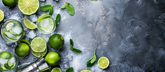 Poster - Flat lay top view showcasing ingredients utensils for making a Mojito cocktail with generous copy space image for your recipe