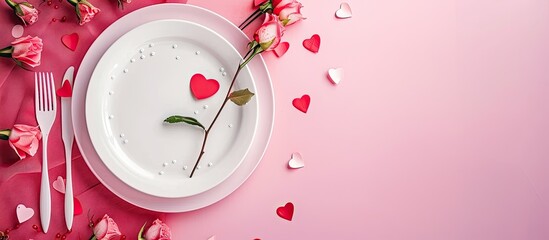 Wall Mural - Valentine s Day themed table setting on a pink background with copy space image available