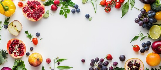 Poster - Top view of a circle of assorted fruits and vegetables on a white background creating a healthy eating copy space image for vegan and vegetarian concepts