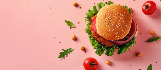 Wall Mural - Advertisement poster for vegetarian fast food featuring a vegan burger with a chickpea cutlet on a pastel pink background with copy space image