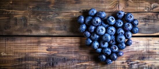 Aufkleber - Premium blueberries arranged in a heart shape on a wooden background showcased in a close up top view high resolution photograph with a harvest concept ideal for copy space image
