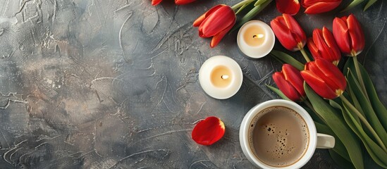 Poster - Top view flat lay image with copy space featuring red tulips candles a white coffee cup for a morning breakfast scene set against a holiday backdrop suitable for a greeting card for occasions like Val