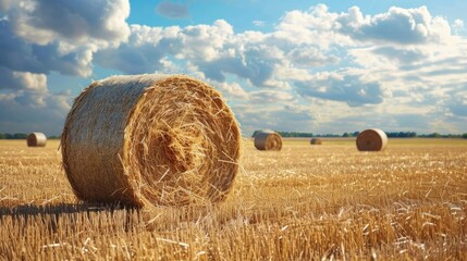 Canvas Print - Harvested hay bales on a vast farm field