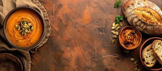 Aufkleber - Top down view of a rustic bread roasted pumpkin seeds and homemade pumpkin puree soup over a textured brown surface with a clear area for adding more details like a copy space image