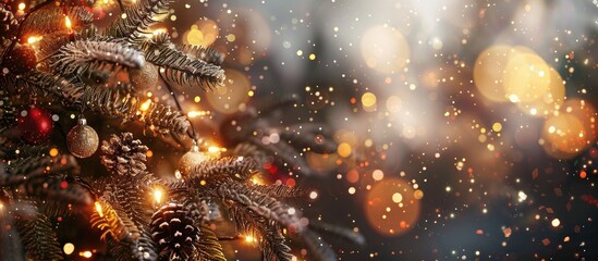 Poster - Winter holiday backdrop with sparkling lights and a Christmas tree in close up featuring text space image. with copy space image. Place for adding text or design