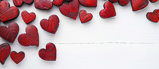 Wall Mural - Valentine s Day themed red heart shaped wooden decor on a white background with copy space image