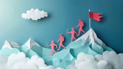 Wall Mural - A group of people are climbing a mountain with a red flag in the background