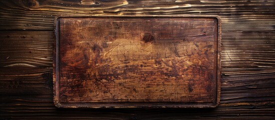 Leinwandbilder - Dark wooden table with an aged cutting board Top down perspective with ample copy space image available